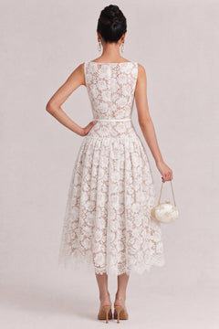 French Boat Neck Hollow Floral Lace Dress High Waist Satin Belt Umbrella Swing Date Light Wedding Dress