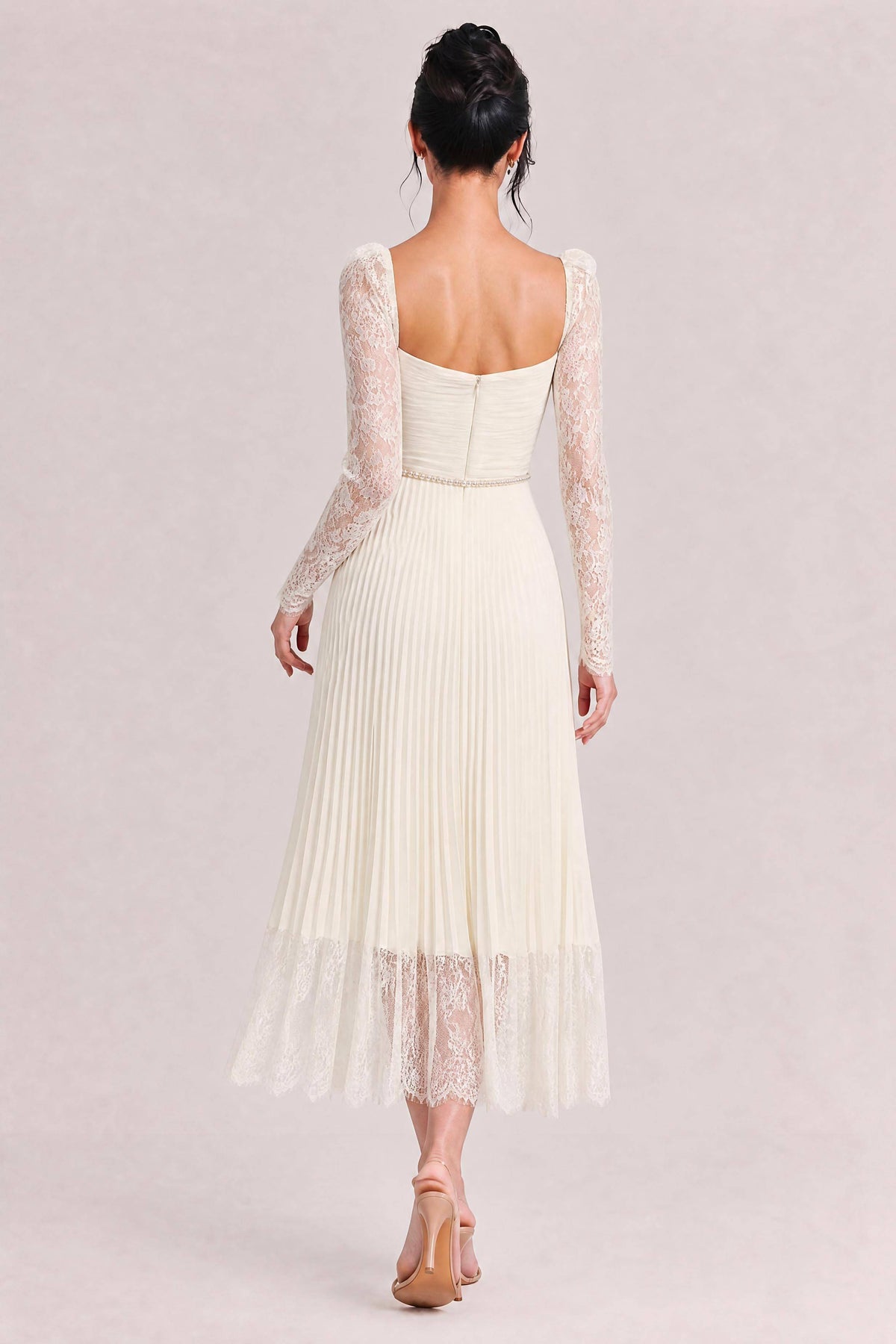 Rice White Lace Long Sleeve Square Neck Cutout Bow Pleated Midi Dress