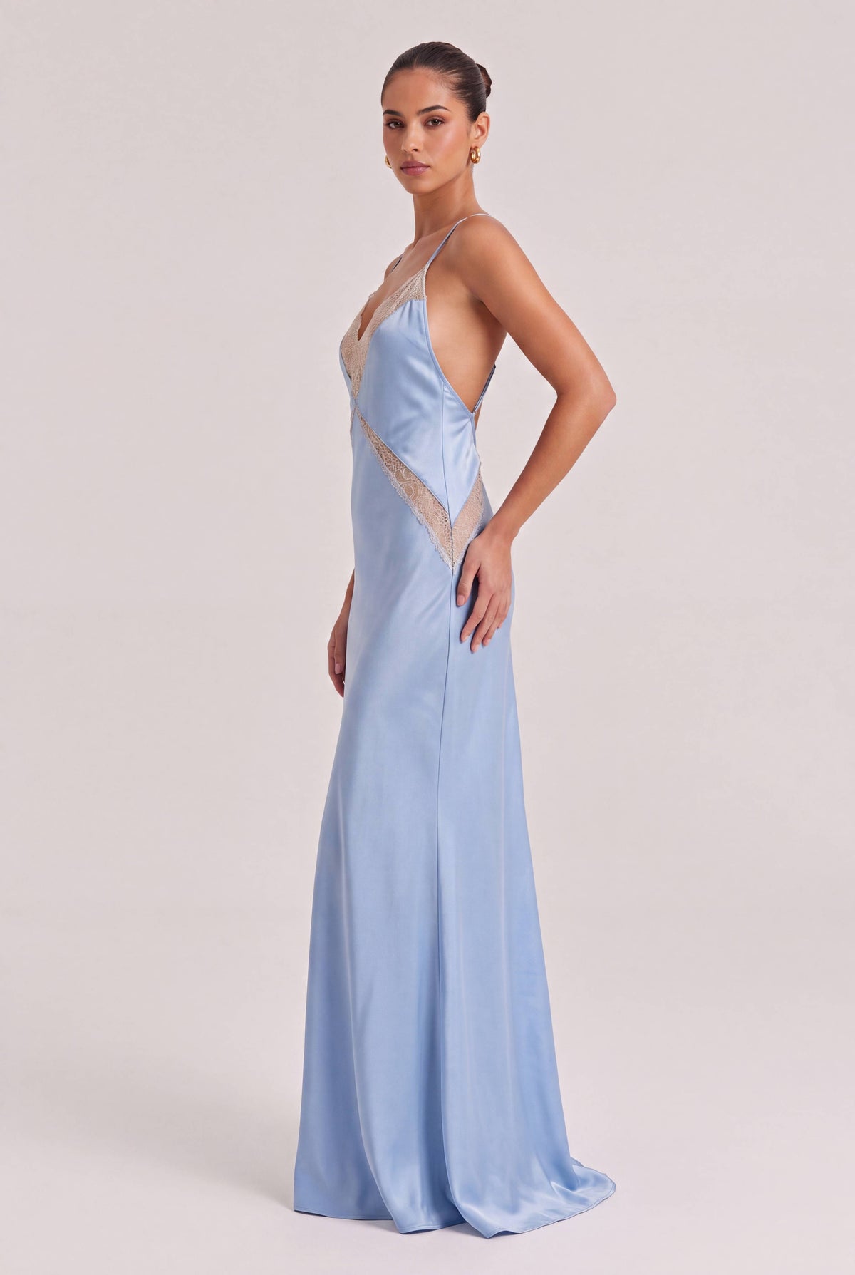 Light Blue Satin Lace V-neck Thin Strap Tight Waist High Split Slim-fit Long Dress