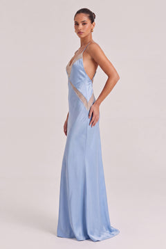Light Blue Satin Lace V-neck Thin Strap Tight Waist High Split Slim-fit Long Dress