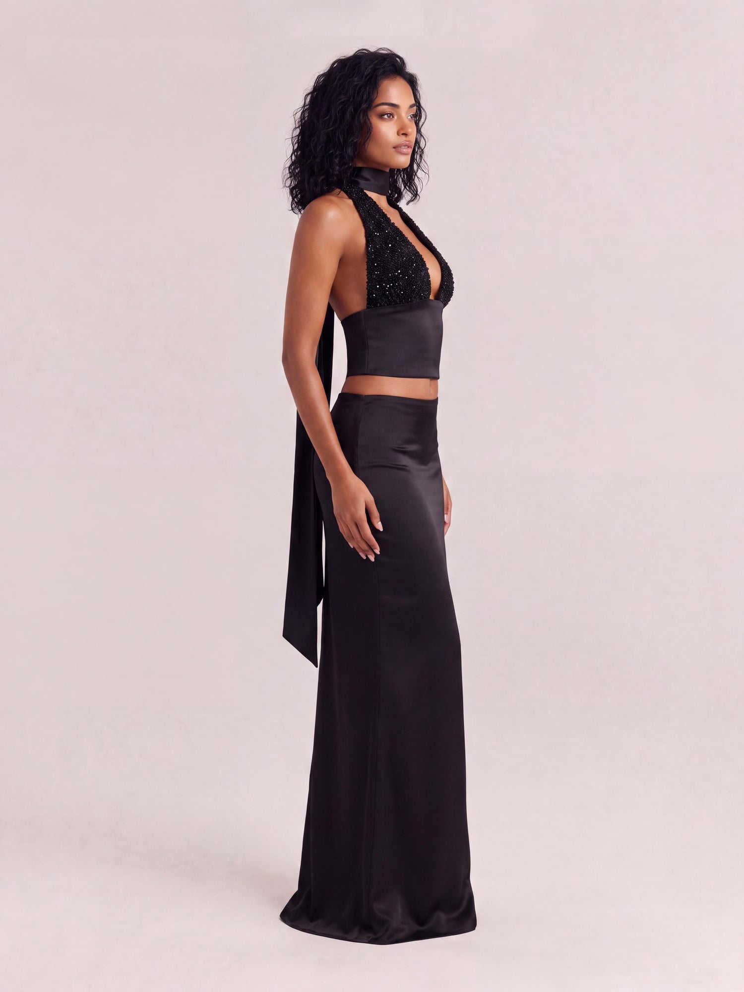 Chic Black Beaded Halter Top And High-Waisted Satin Skirt Co-ord Set