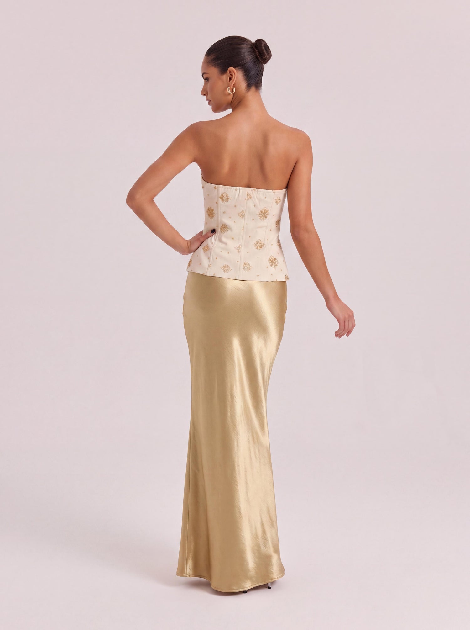 Embroidered Strapless Bustier & High-Waisted Flare Gown