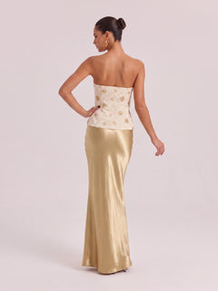 Embroidered Strapless Bustier & High-Waisted Flare Gown