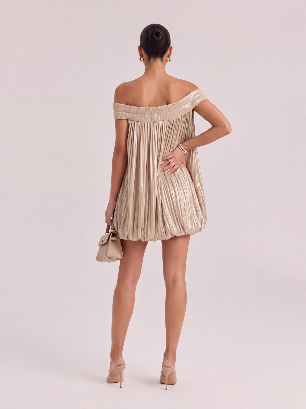 Elegant Off-Shoulder Pleated Bubble Mini Dress With Sheer Mesh Panels