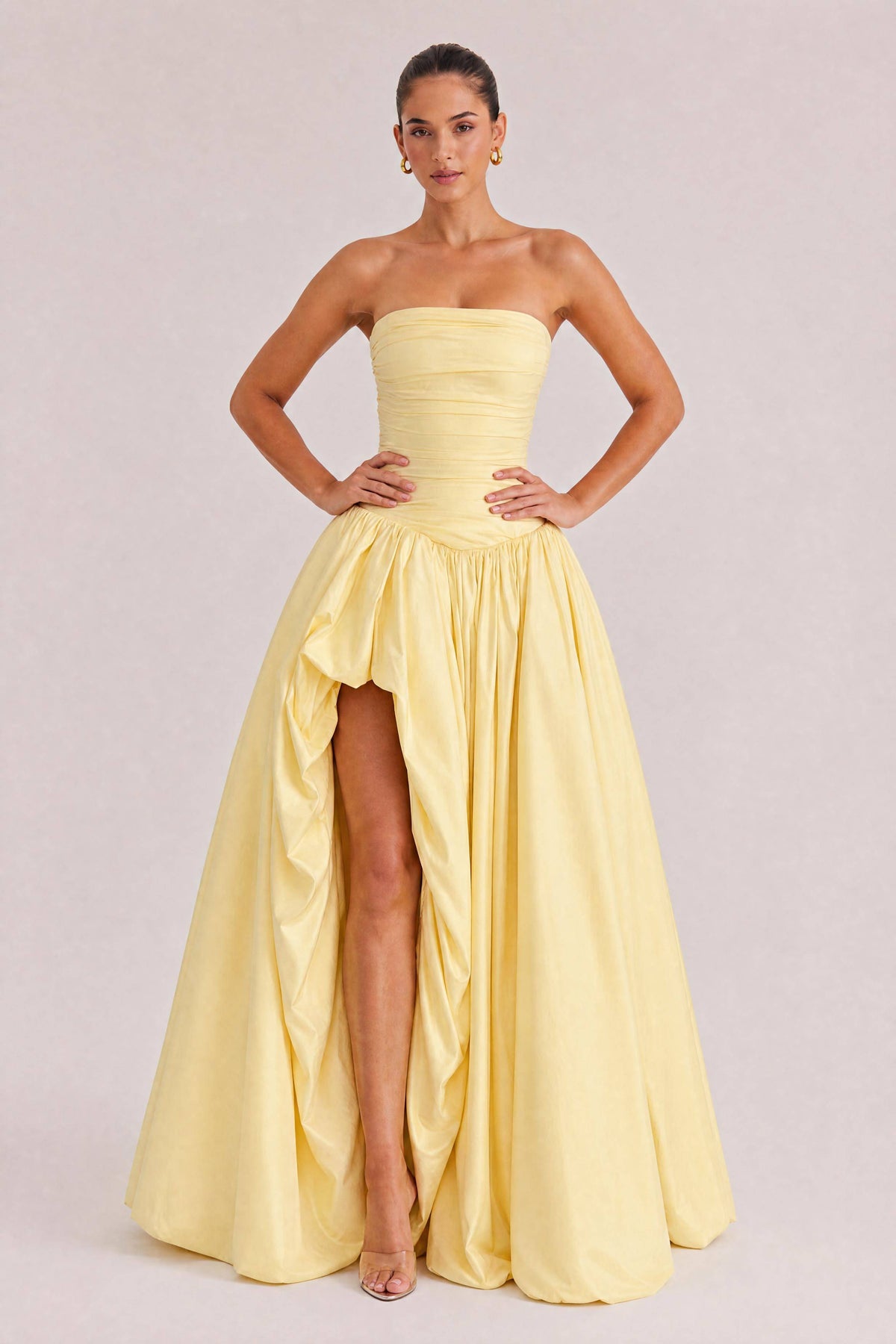 Elegant Strapless Ruched High-Slit Ball Gown Maxi Dress