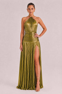 Elegant Metallic Pleated Halter Neck Maxi Dress