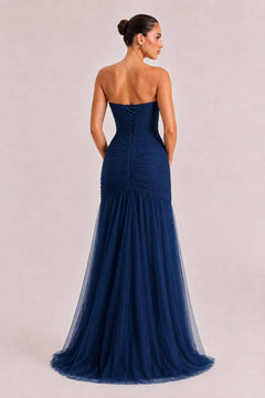 Elegant Strapless Pleated Tulle Maxi Dress