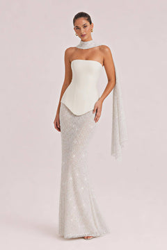 Elegant Strapless Sequin Skirt And Shawl Two-Piece Set