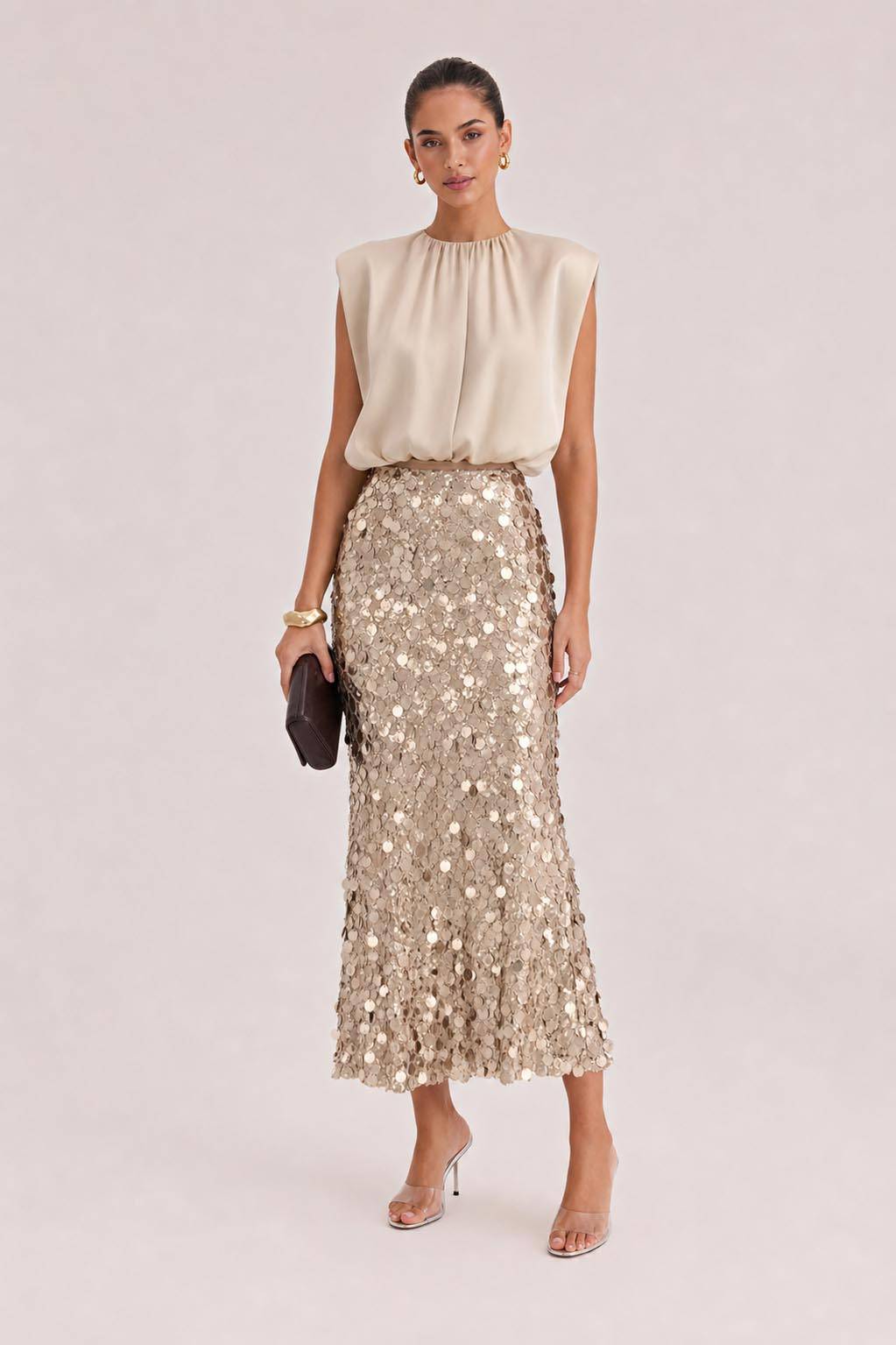 Elegant Sleeveless Blouse & Sequin Midi Skirt Two-Piece Set