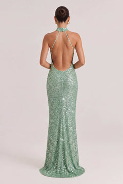 Elegant Halter Neck Sequined Maxi Dress