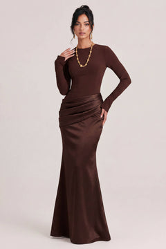 Elegant Long-Sleeved Draped Satin Maxi Dress