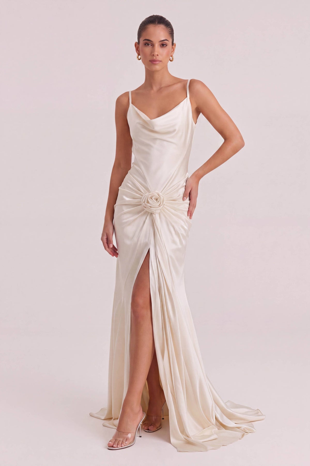 Elegant Floral Embellished Satin Draped Maxi Dress