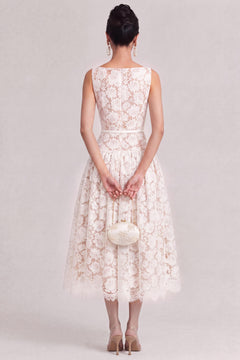 French Boat Neck Hollow Floral Lace Dress High Waist Satin Belt Umbrella Swing Date Light Wedding Dress