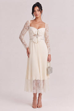 Rice White Lace Long Sleeve Square Neck Cutout Bow Pleated Midi Dress