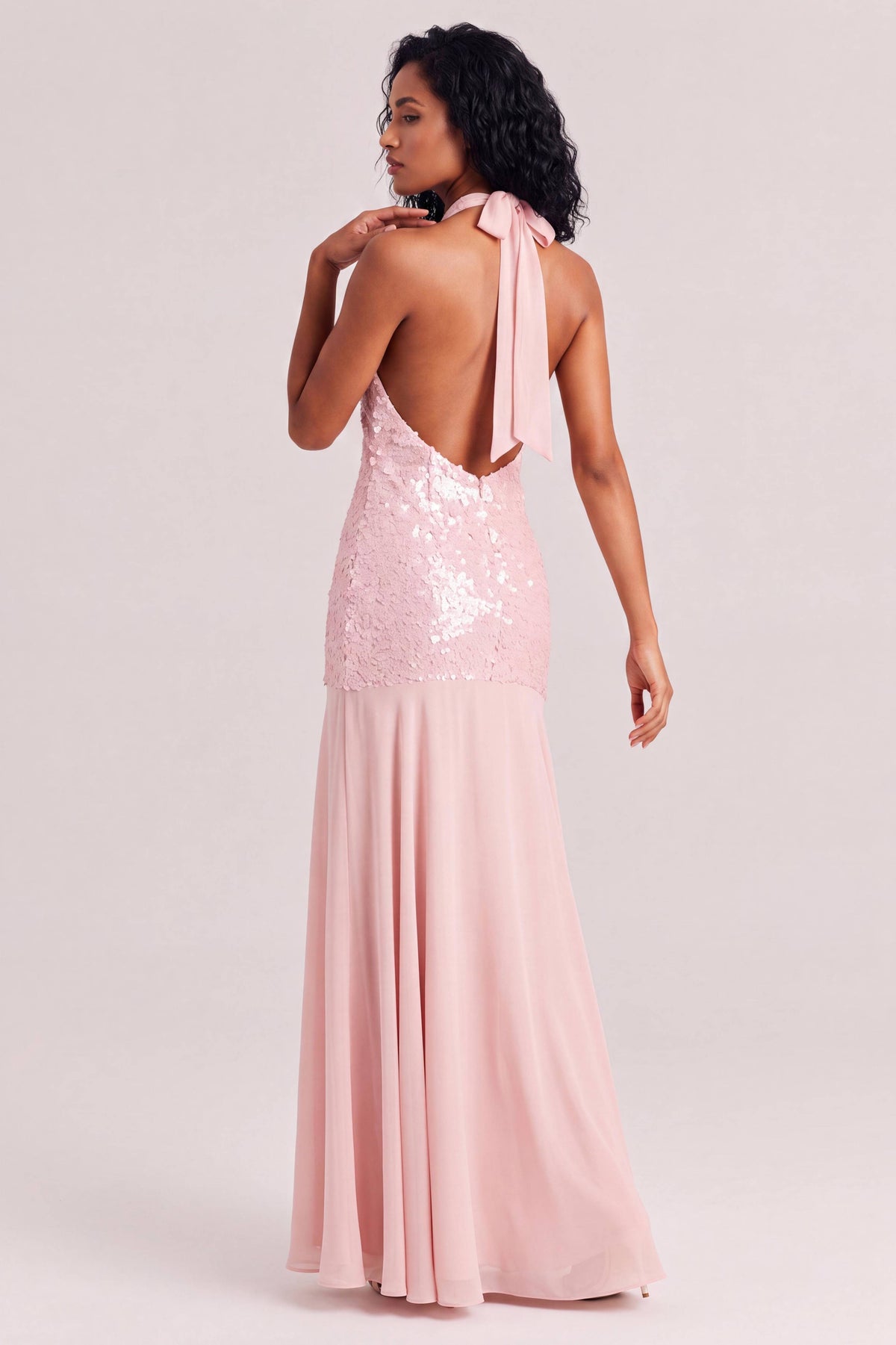 Pink Satin Swing Neck Hanging Sequin Stitching High Split Slim Long Dress
