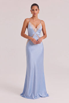 Light Blue Satin Lace V-neck Thin Strap Tight Waist High Split Slim-fit Long Dress