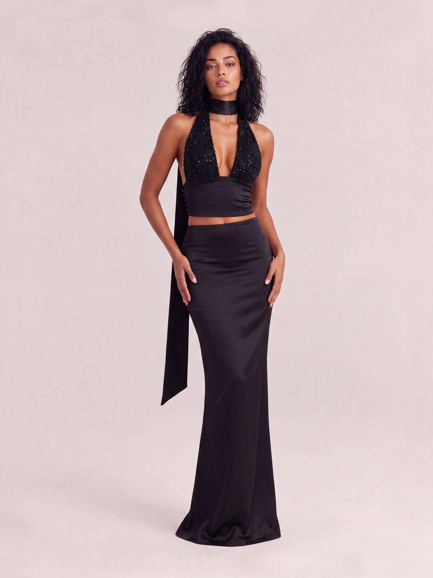 Chic Black Beaded Halter Top And High-Waisted Satin Skirt Co-ord Set