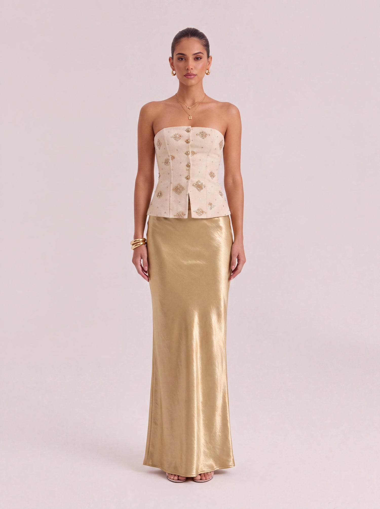 Embroidered Strapless Bustier & High-Waisted Flare Gown