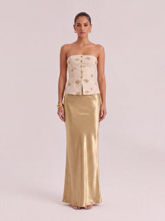 Embroidered Strapless Bustier & High-Waisted Flare Gown