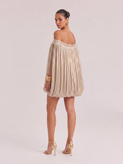 Elegant Off-Shoulder Pleated Bubble Mini Dress With Sheer Mesh Panels