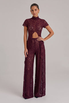 Lace Long-sleeved Top And Wide-leg Pants Set