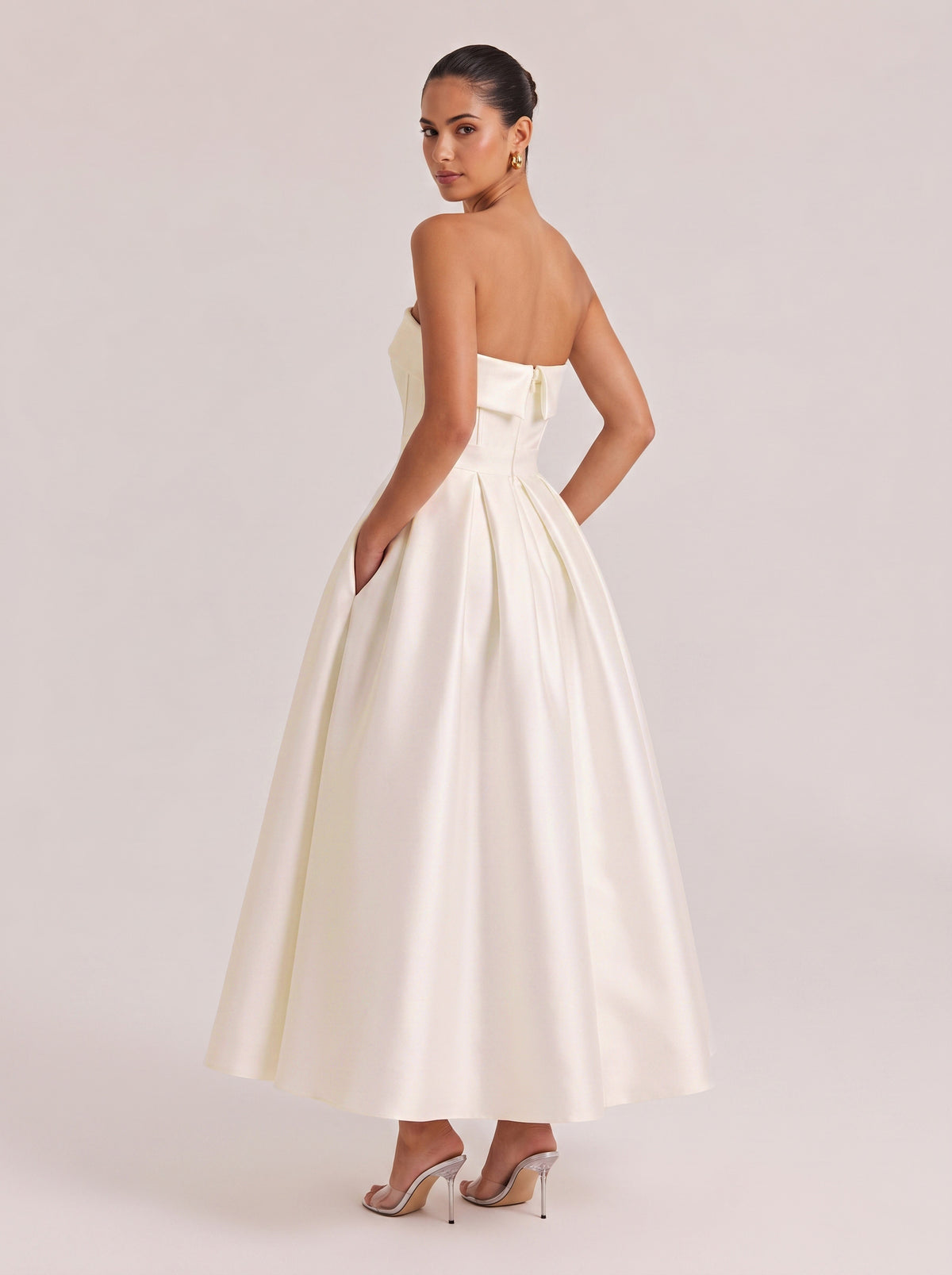 Strapless Fishbone Waisted Satin Mid-Length A- Line Dress