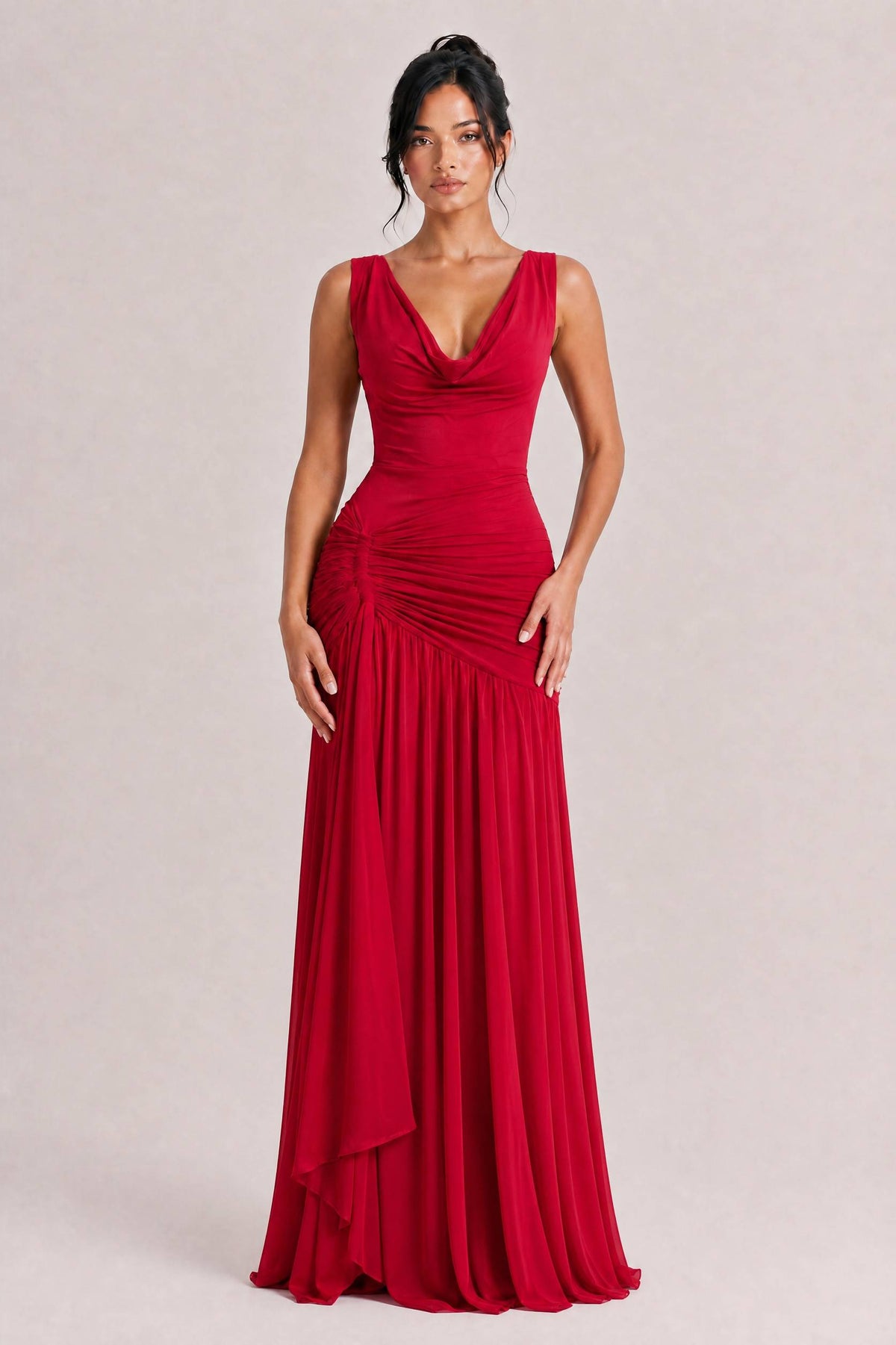 Sexy Cowl Neck Ruched Maxi Dress