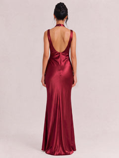 Deep V-Neck Pleated Satin Slim-Fit Fishtail Long Dress