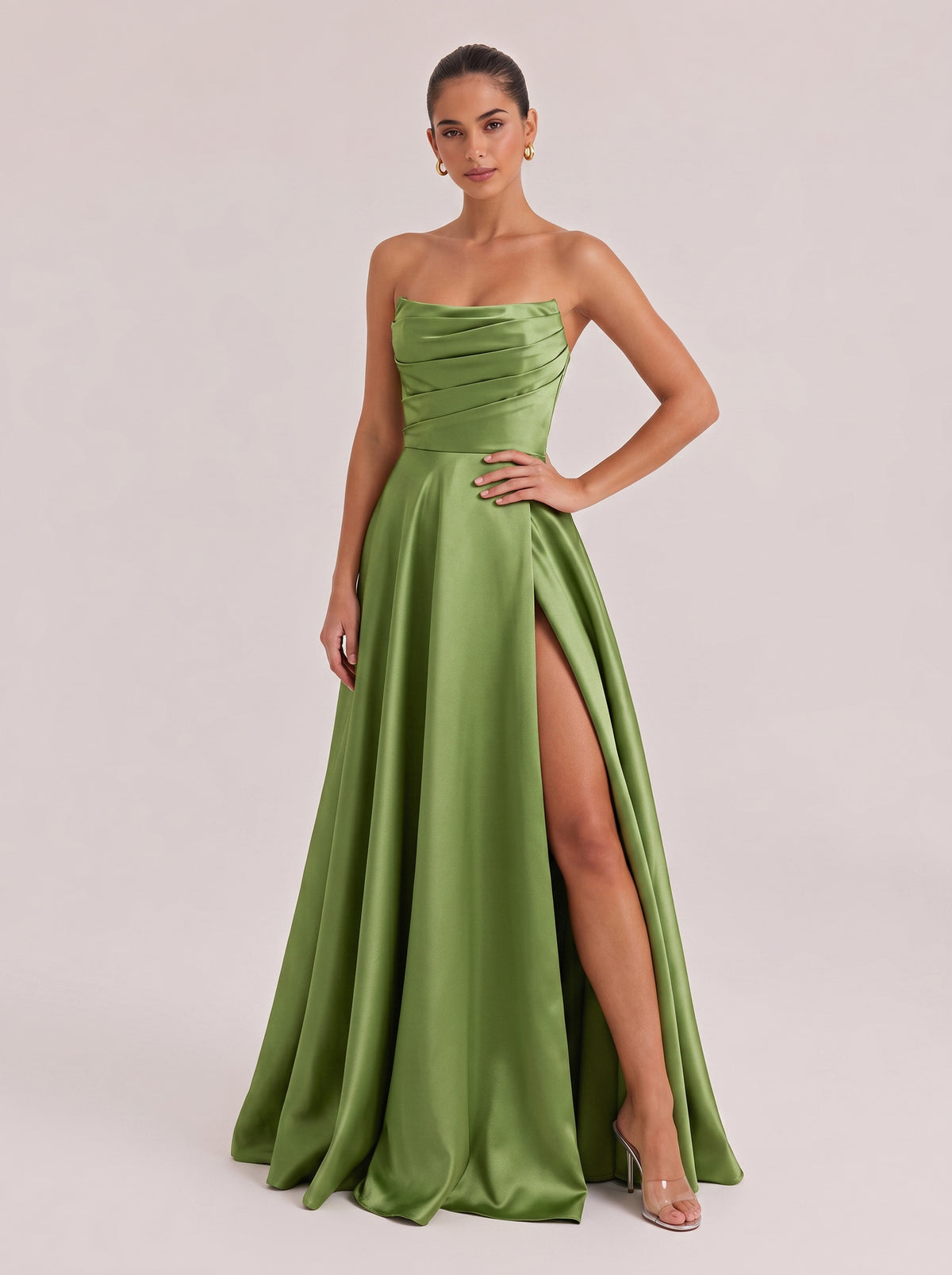 Strapless Pleated High-Waist Split Satin Long Evening Gown