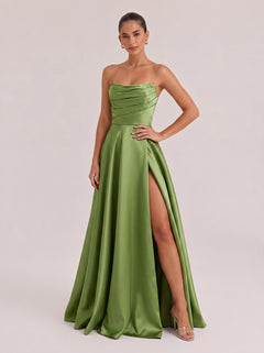 Strapless Pleated High-Waist Split Satin Long Evening Gown