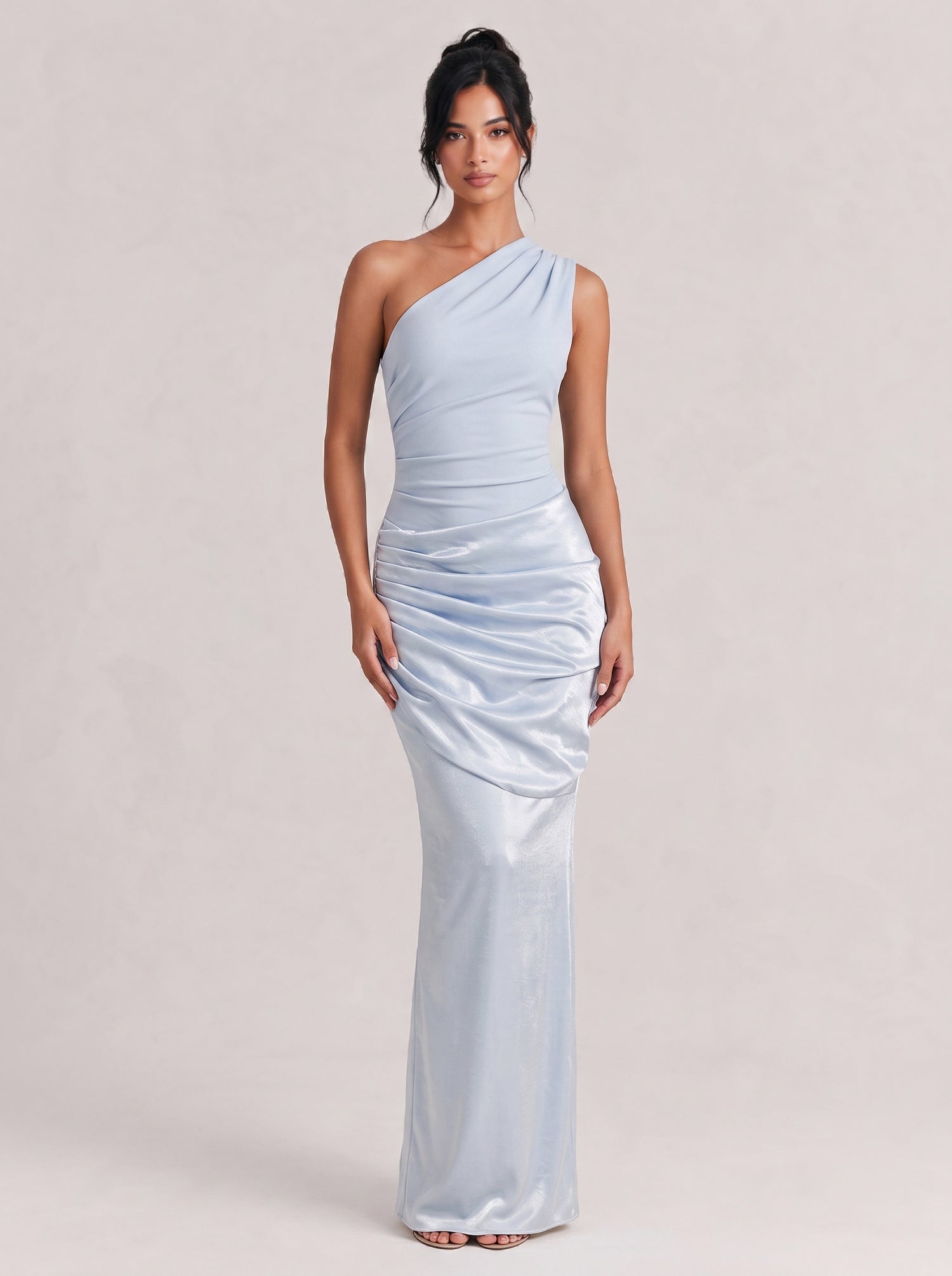 Oblique One-Shoulder Pleated Satin Fishtail Long Dress