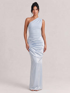 Oblique One-Shoulder Pleated Satin Fishtail Long Dress
