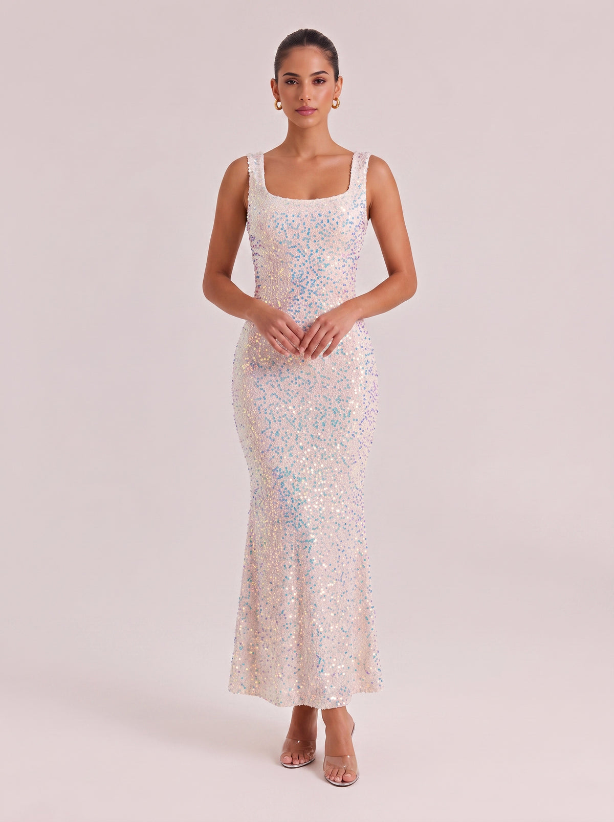 Iridescent Sequin Square Neck Sleeveless Mermaid Maxi Dress