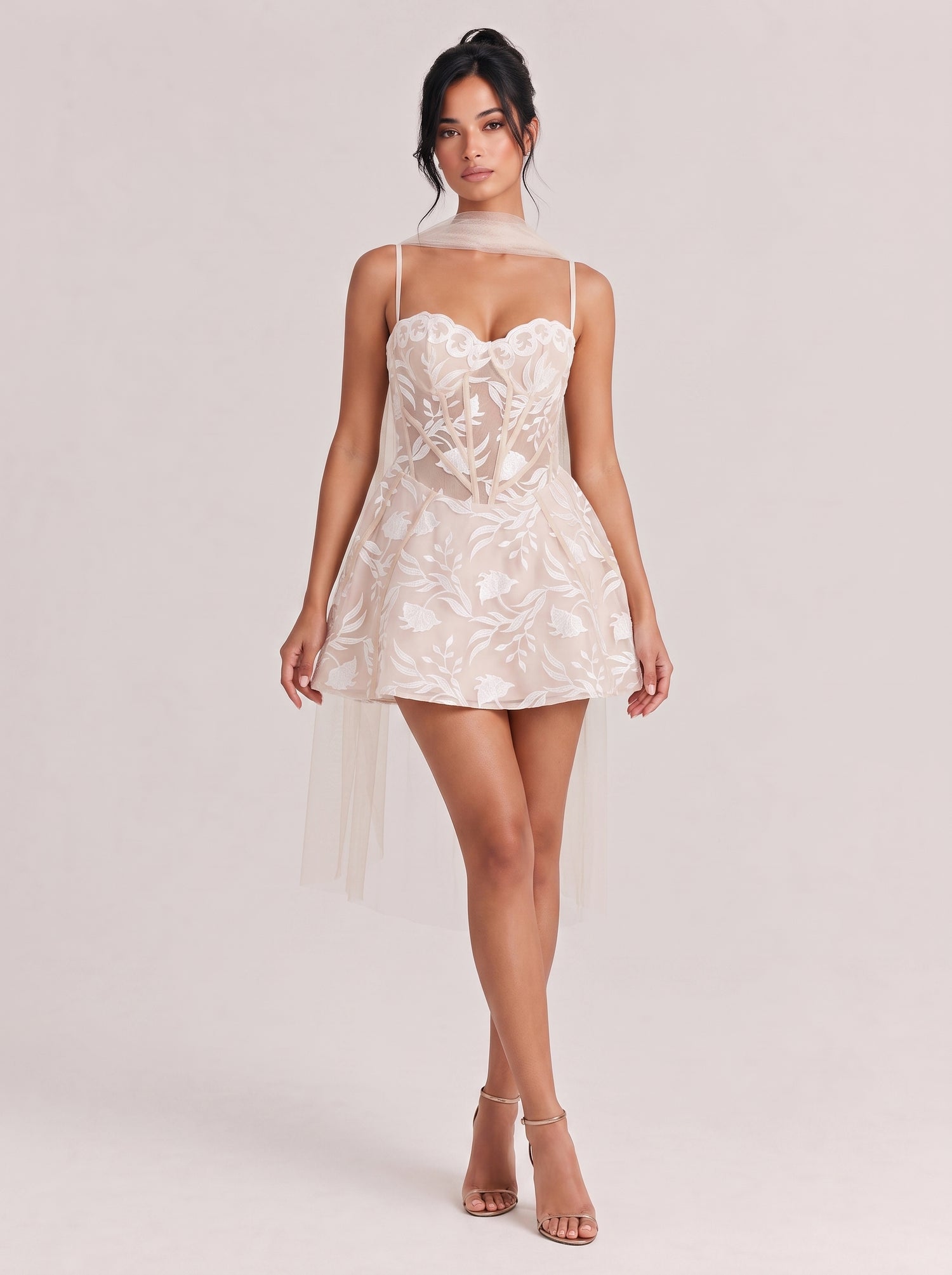 Floral Embroidered Fine Strap Belted Short Mesh Dress