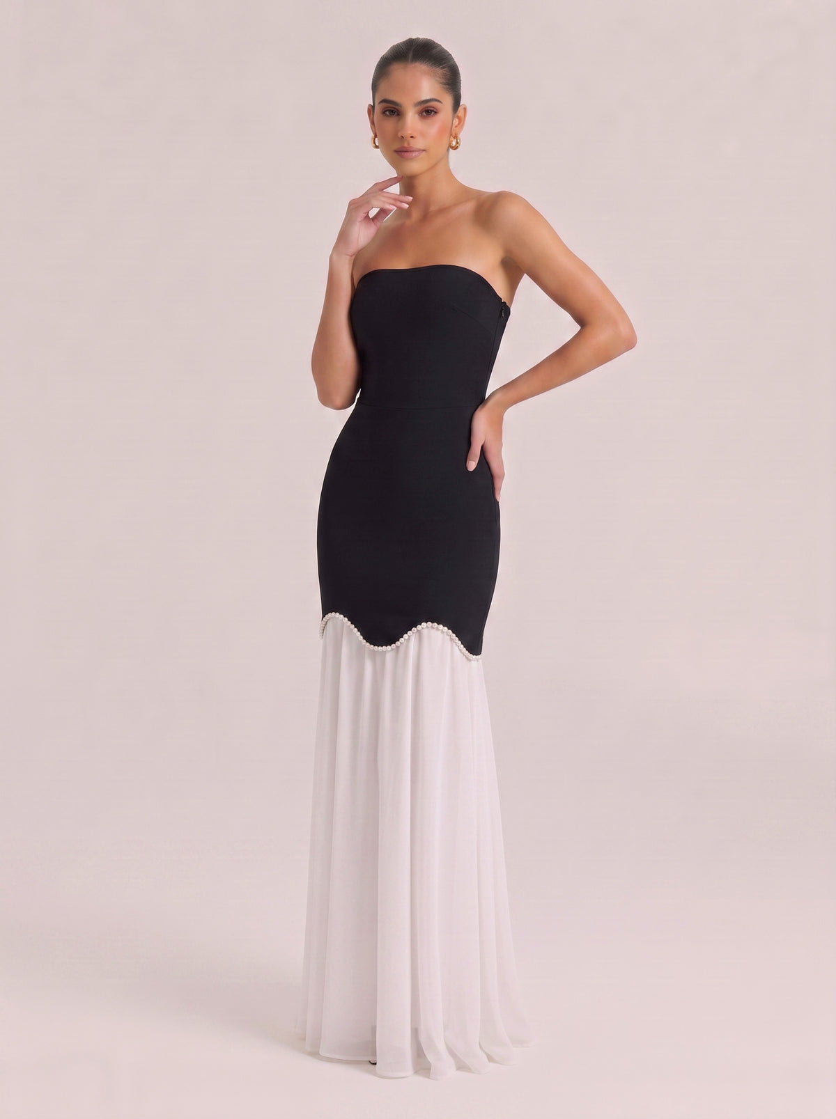 Elegant Black & White Strapless Mermaid Gown With Pearl Trim & Sheer Skirt