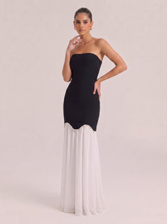 Elegant Black & White Strapless Mermaid Gown With Pearl Trim & Sheer Skirt
