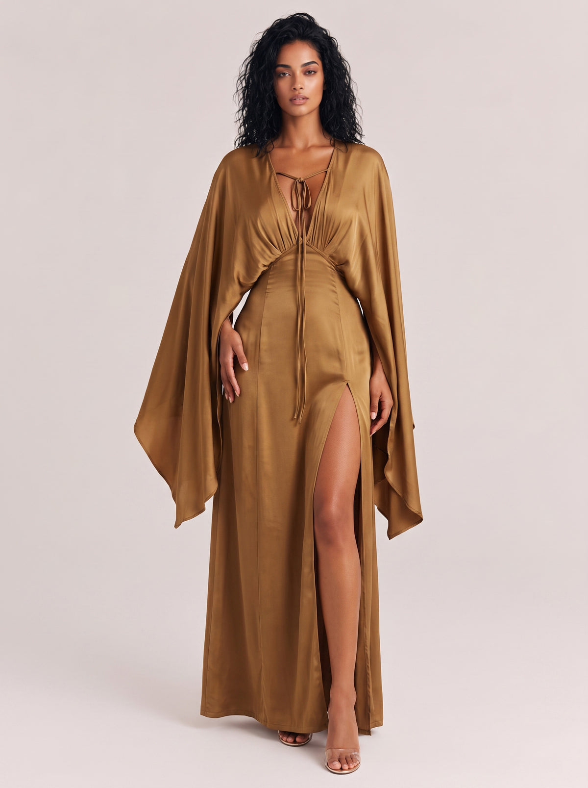 Deep V-Strap Dolman Sleeve Tight Waist Split Satin Long Dress