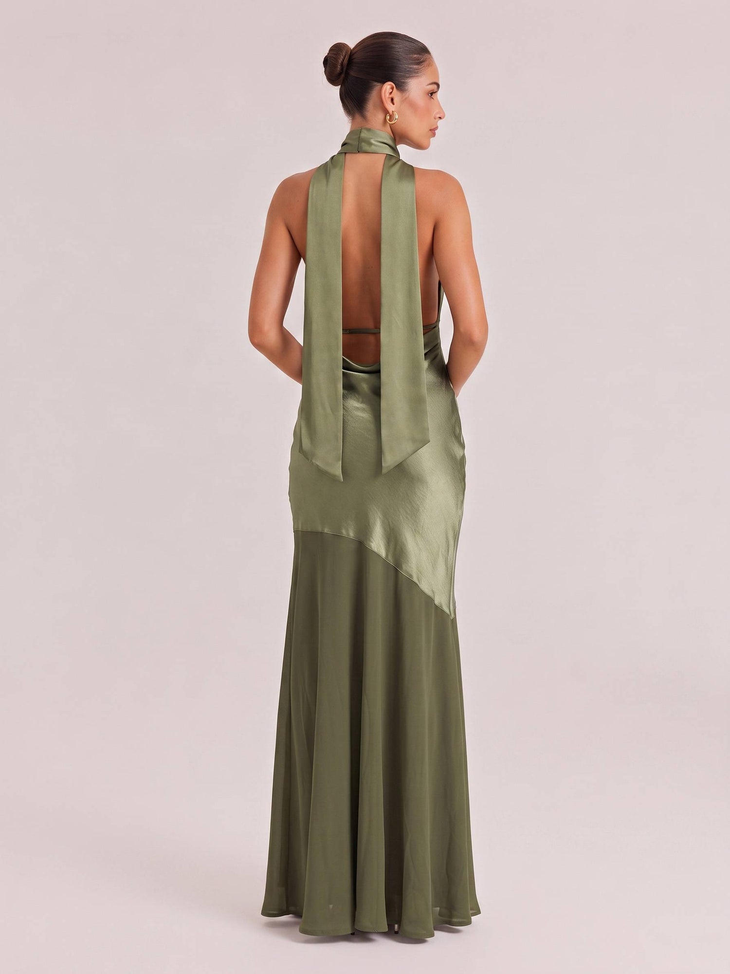 Olive Satin Halter Neck Deep V-Neck Mermaid Evening Gown - Sexy Backless Formal Dress For Party, Wedding & Gala