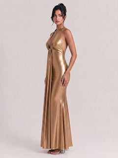 Deep V-Neck Pleated Satin Slim-Fit Fishtail Long Dress
