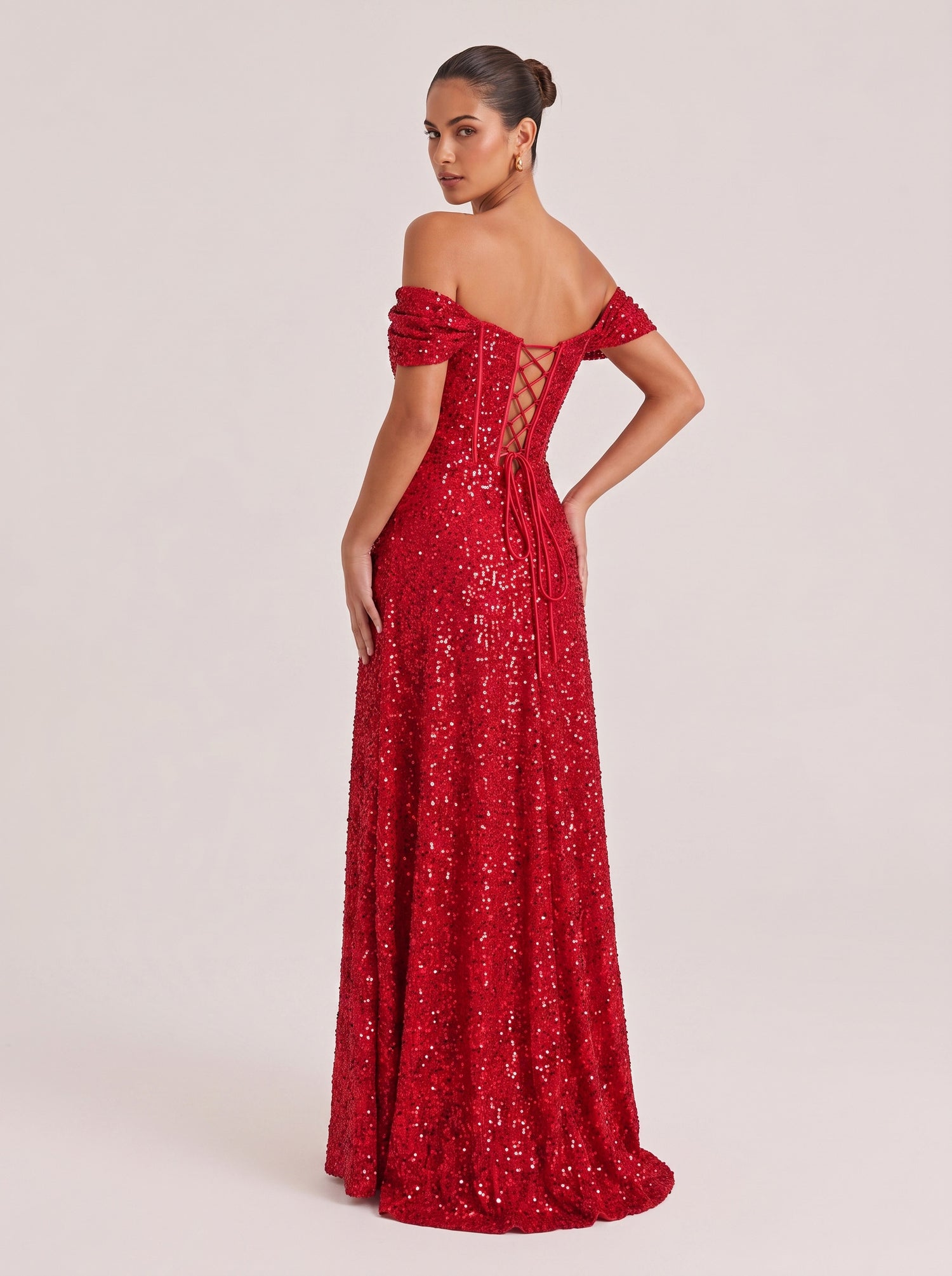 Shoulder Fishbone Waist Sequin Split Long Evening Gown