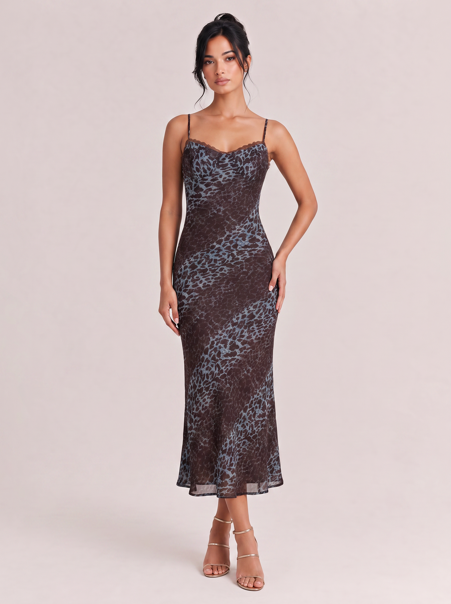 Contrast Leopard-Print Lace Slim-Fit Fishtail Long Dress