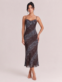 Contrast Leopard-Print Lace Slim-Fit Fishtail Long Dress