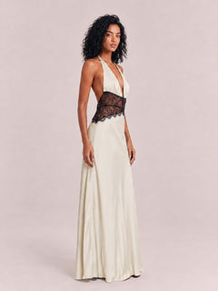 Satin Neck Deep V Black Lace Waist Stitching Slim-fit Long Dress