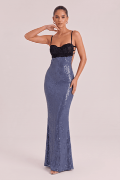 Stitching Blue Sequins Thin Strap Side Cutout Slim-fit Fishtail Long Dress