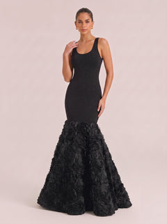 Black Square Collar Sleeveless Slim-Fit Three-Dimensional Flower Fishtail Long Evening Gown