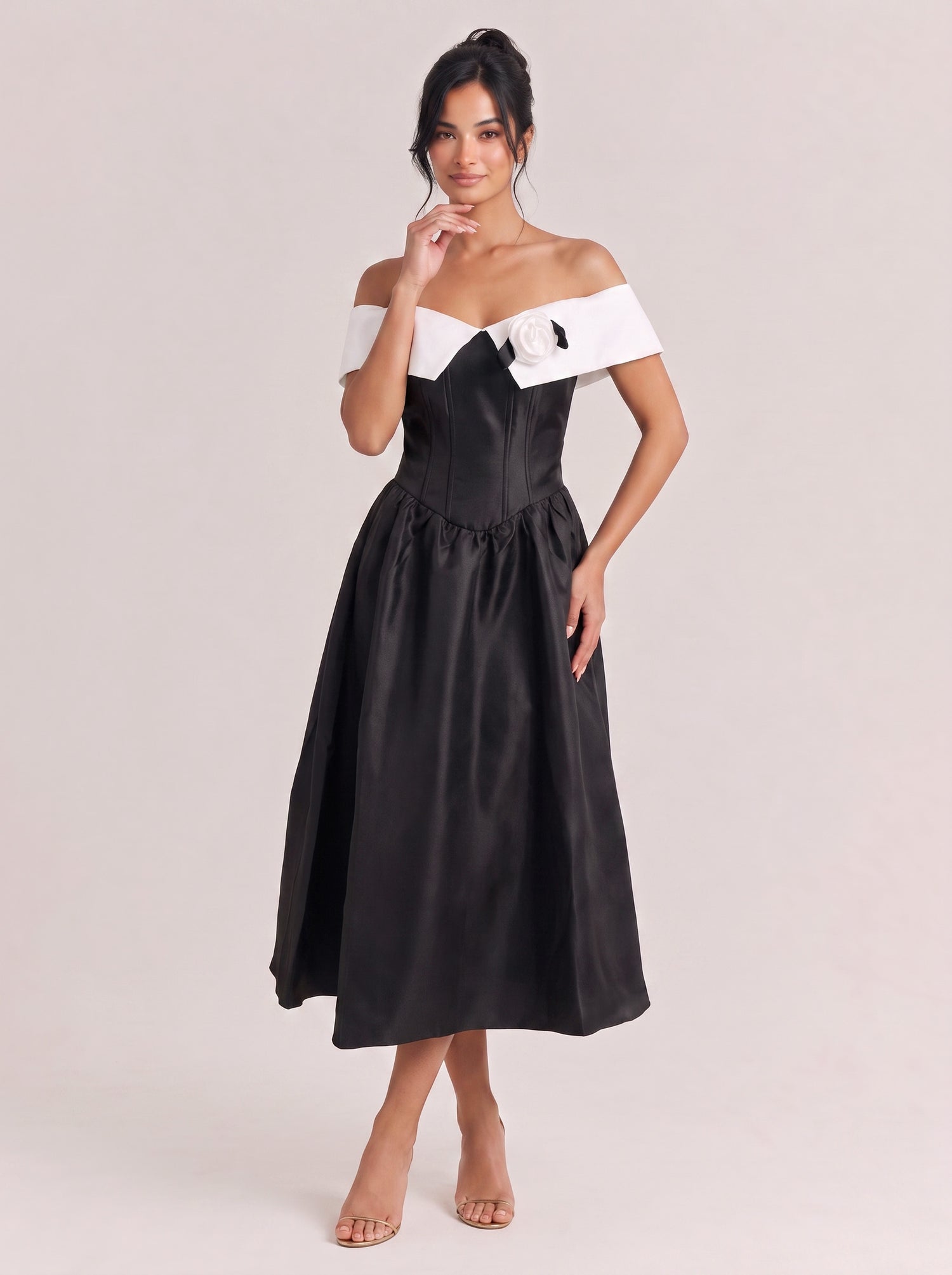 Black White Off Shoulder Rose Corset Midi Party Dress