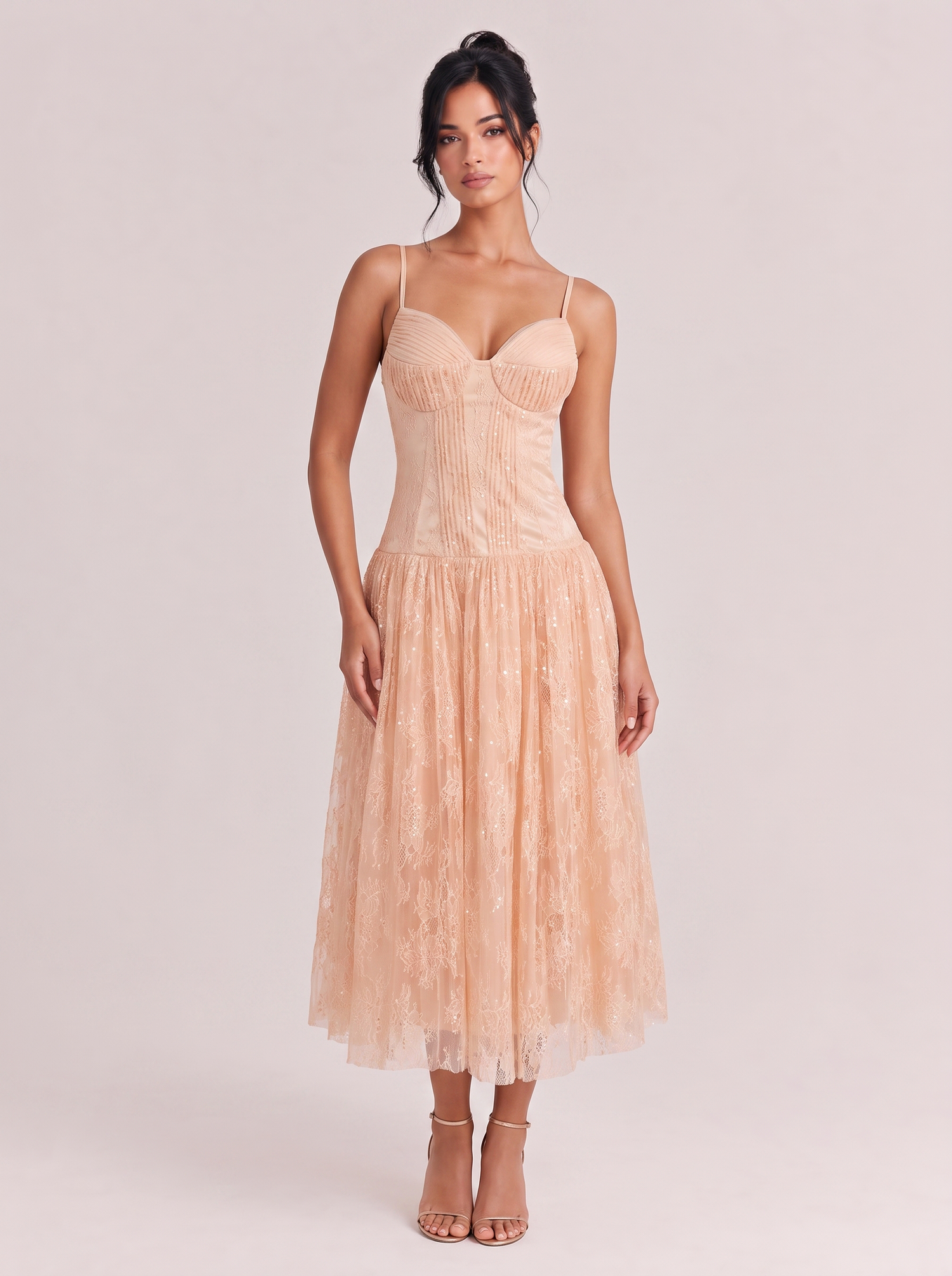 Elegant Champagne Pink Sequin Lace Spaghetti Strap Midi Dress