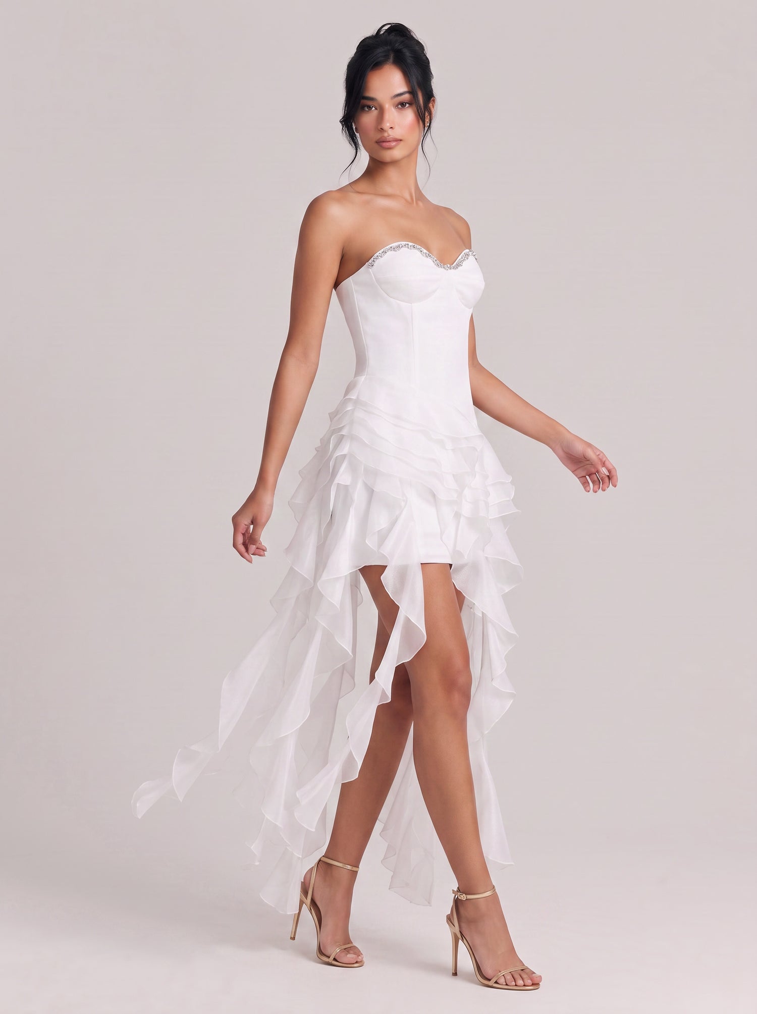 Elegant White Strapless Ruffled High-Low Gown With Crystal Trim