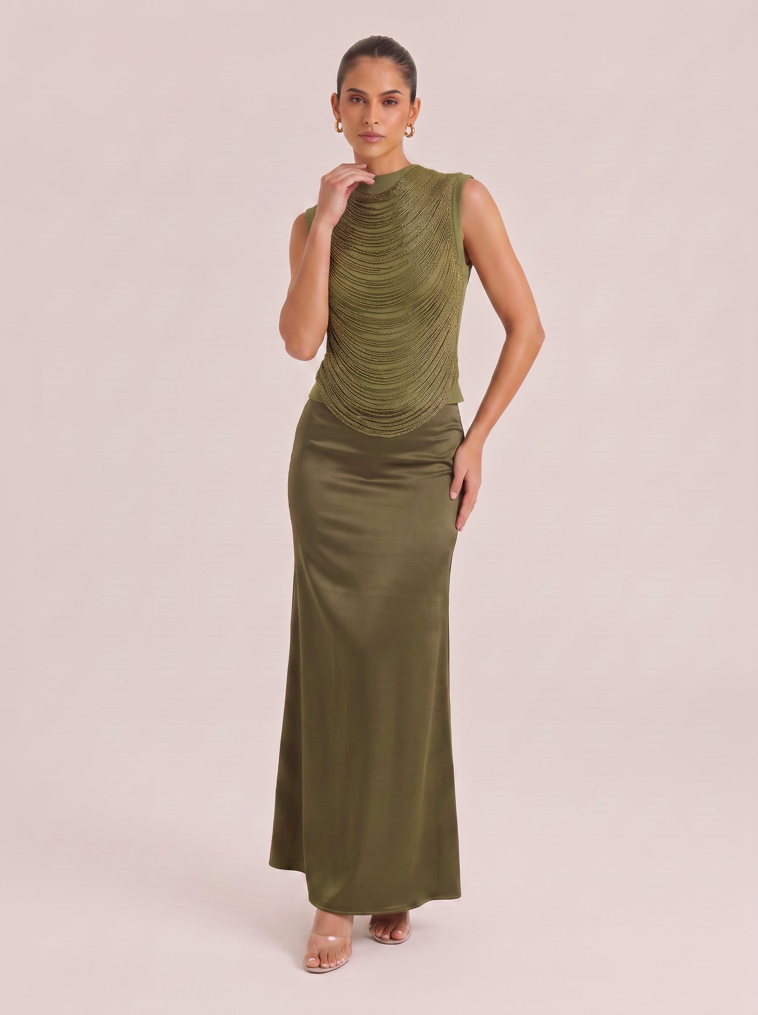 Refined Olive-green Sequined Fringed And Satin-stitched Fishtail Gown With Turtleneck