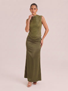 Refined Olive-green Sequined Fringed And Satin-stitched Fishtail Gown With Turtleneck